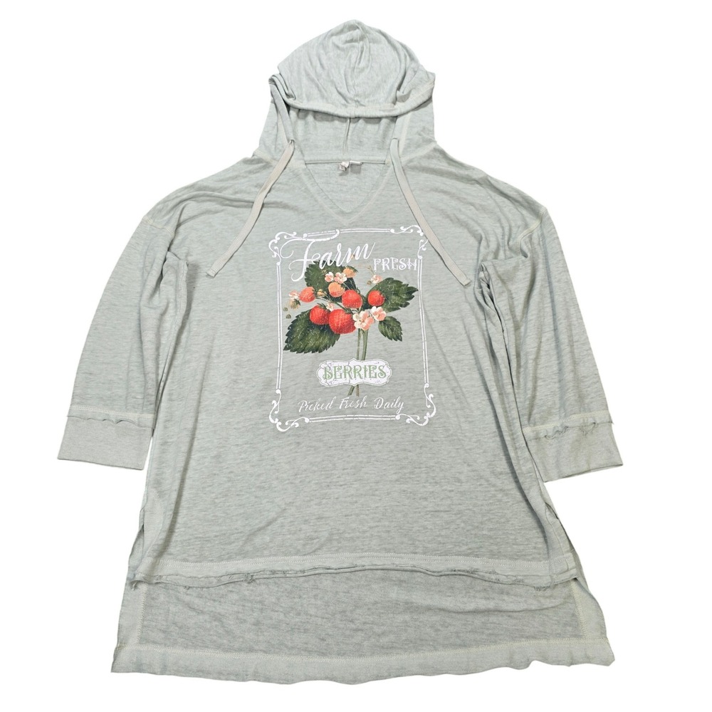 Cato Farm Fresh Berries Graphic Hoodie Women's Size M Mint Green 3/4 Sleeve